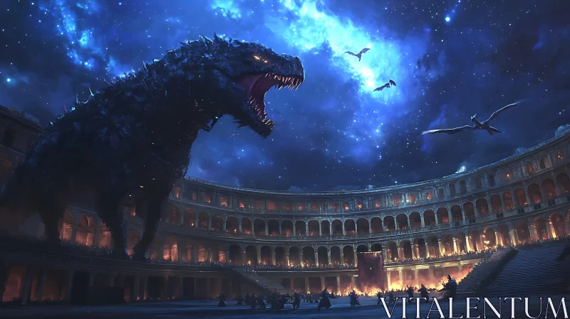 Majestic Dragon in Nighttime Coliseum AI Image