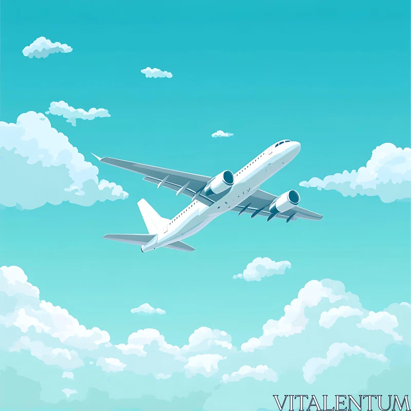 Airplane in Mid-Flight Amongst Fluffy Clouds AI Image