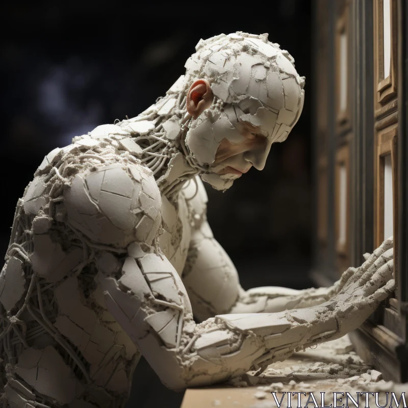 Cyborg Man Looking out Window: Organic Sculpting Art AI Image