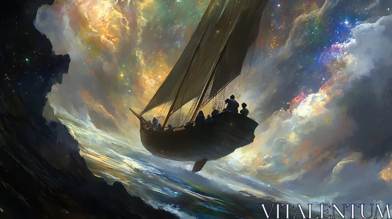 Etheric Boat Voyage in Surreal Cosmic Clouds AI Image