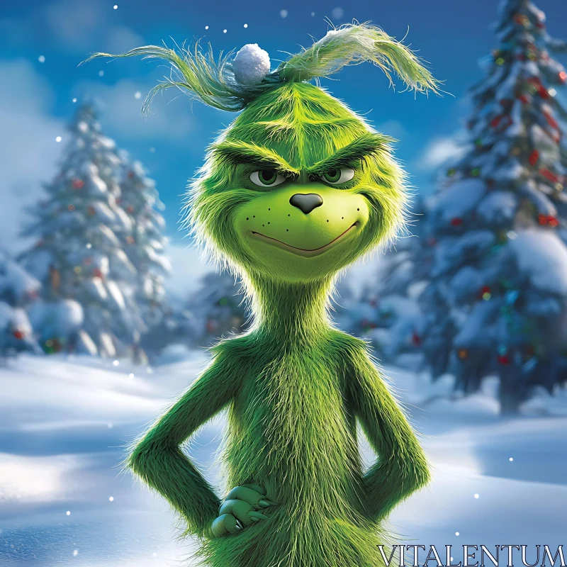 Mischievous Green Character in Winter Wonderland AI Image