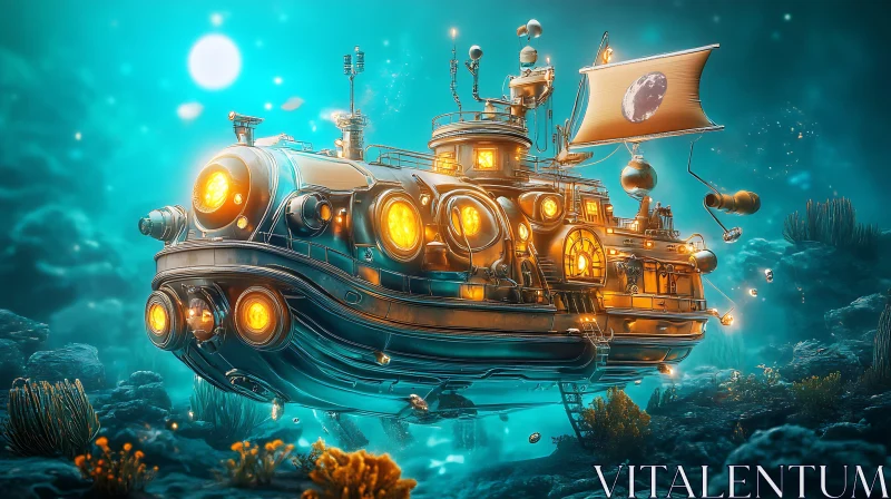 Fantastical Underwater Submarine with Glowing Windows AI Image