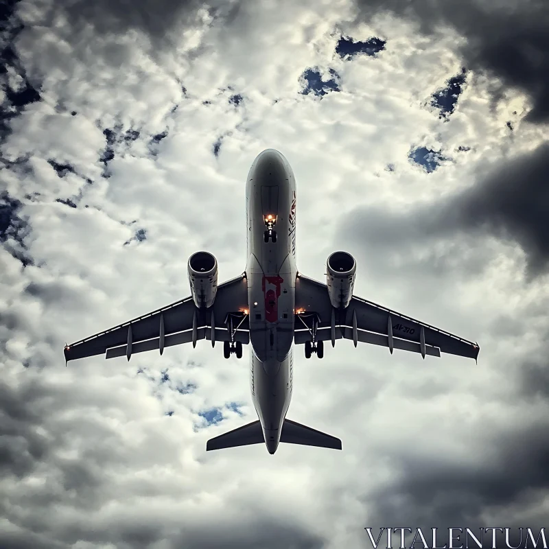 Underneath View of Flying Airplane Against Cloudy Sky AI Image