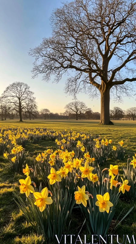 AI ART Morning Park View with Yellow Daffodils and Majestic Trees