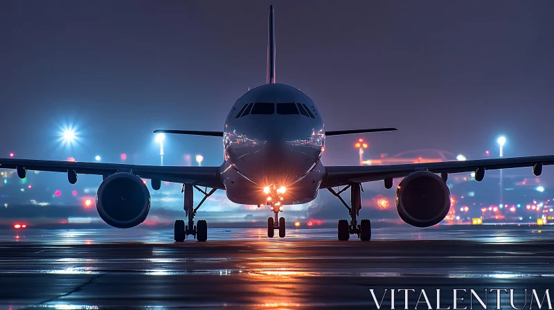 Airplane on Runway at Night with Illuminated Lights AI Image