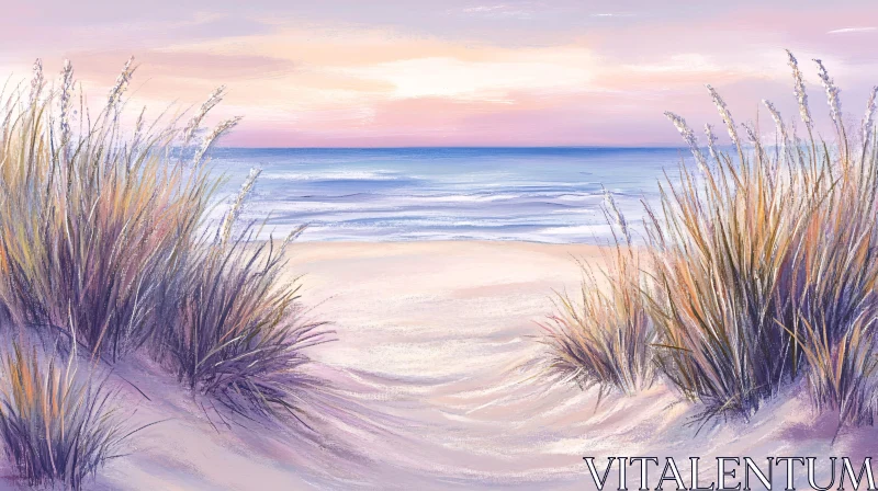 AI ART Serene Beach Scene with Ocean and Pastel Sunset