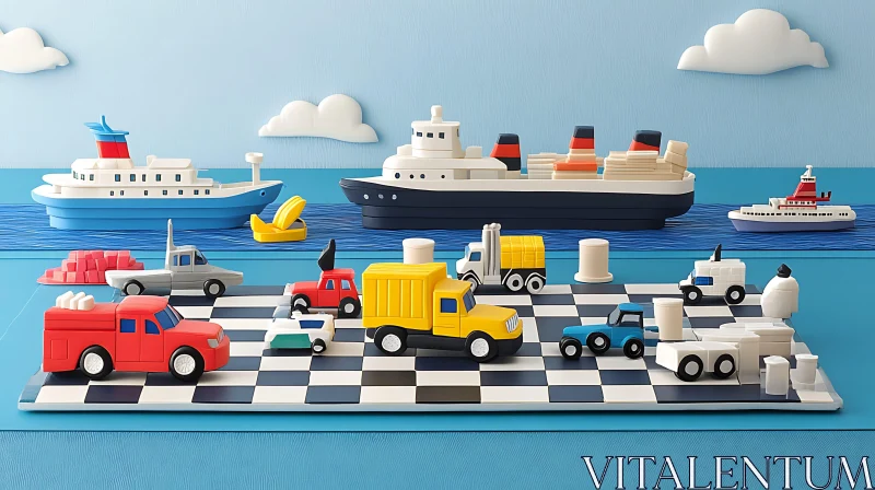 Miniature Toy Vehicles and Ships Display AI Image