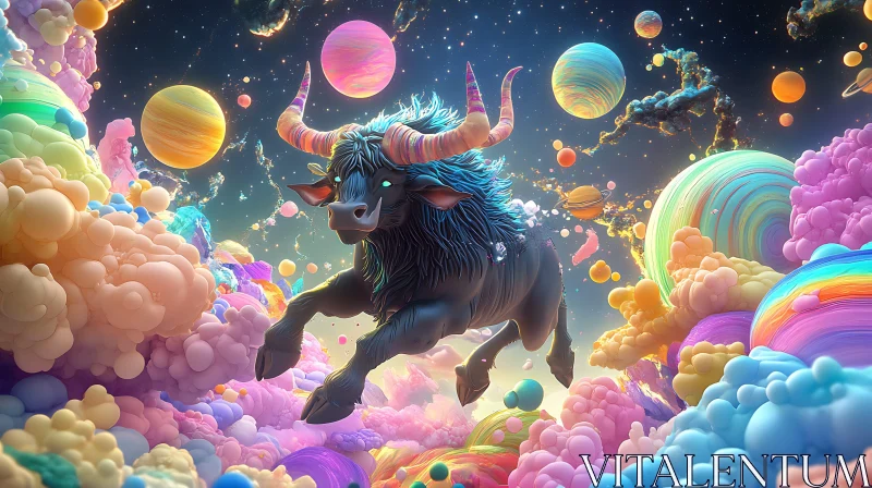 Floating Bull in a Colorful Space Dream AI Image