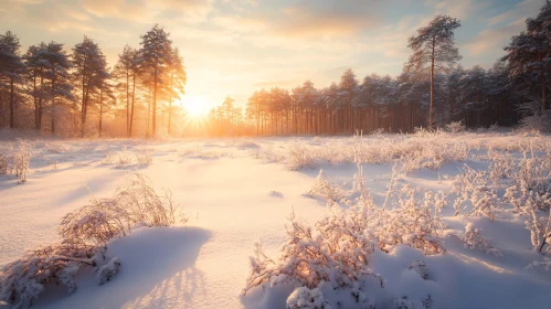 Winter Sunrise in a Snowy Forest Landscape