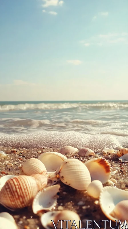 AI ART Beach Scene with Seashells and Ocean Waves