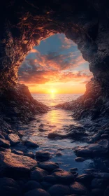 Sunset Over Ocean Viewed From a Cave