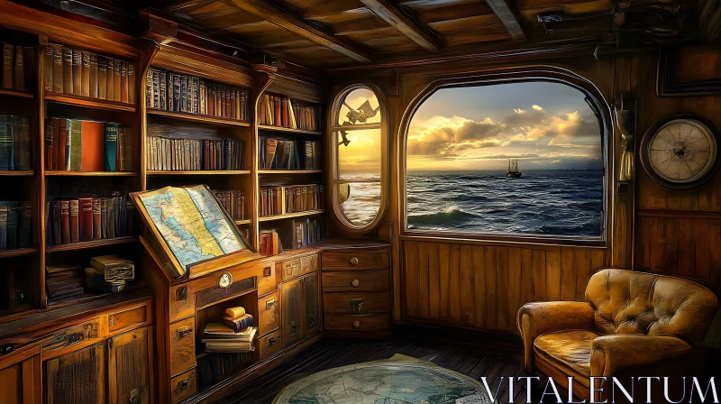 Maritime Study Room at Sunset with Sailship AI Image