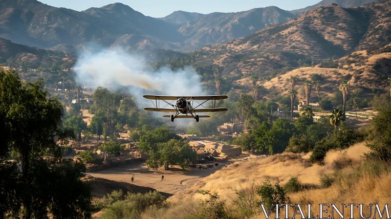 Classic Biplane Flying Through Mountain Valley AI Image