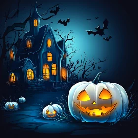 Eerie Halloween Night with Haunted House and Glowing Pumpkins