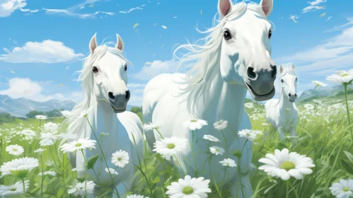 Playful White Horses Galloping in a Flower-filled Field - Cartoon Style Illustration