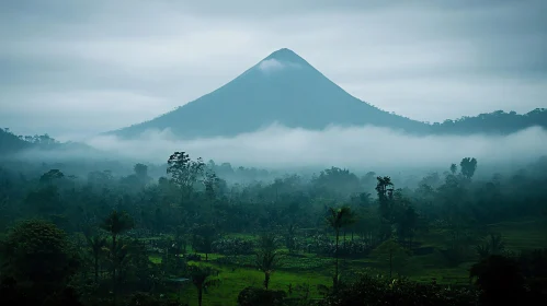 Tranquil Mountain Peak Amidst Foggy Forest