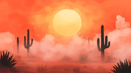 Ethereal Desert Sunset with Cacti and Fog