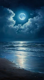 Luminous Moon and Tranquil Waves at Night