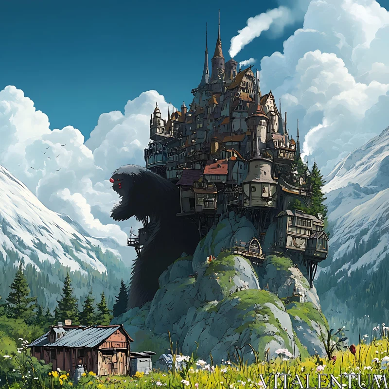 AI ART Fantasy Castle and Majestic Bear Amidst Nature