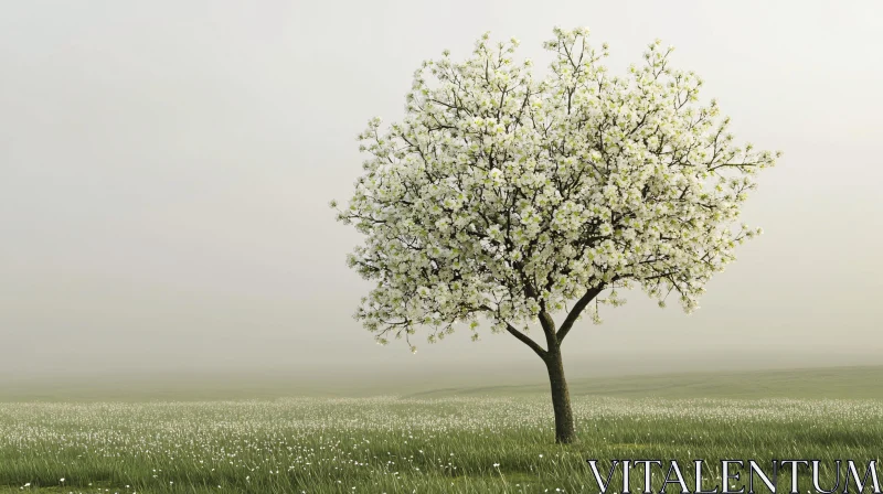 AI ART Blooming Tree in Foggy Grassland