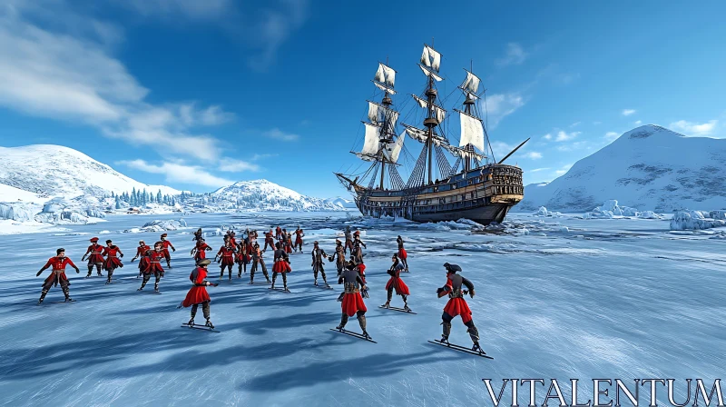 AI ART Winter Ice Skating on Frozen Lake with Sailing Ship