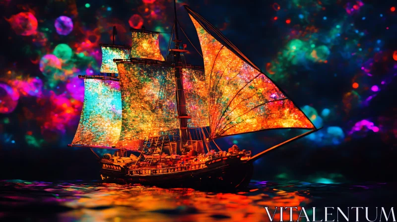 Colorful Sailing Ship at Sea under Night Sky AI Image