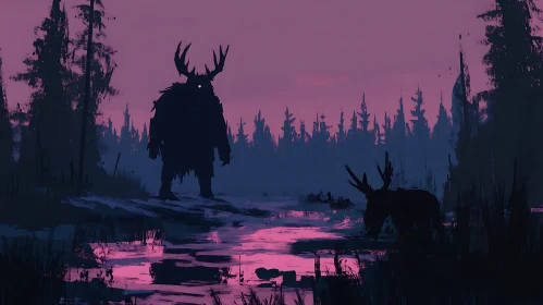 Eerie Forest Creature Silhouette near Water