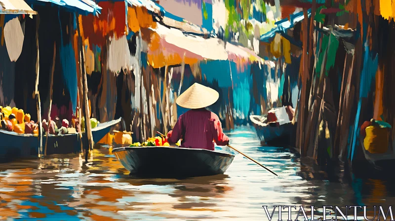 Colorful Floating Market with Conical Hat Vendor AI Image