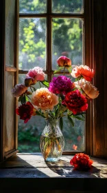 Colorful Peonies on Windowsill