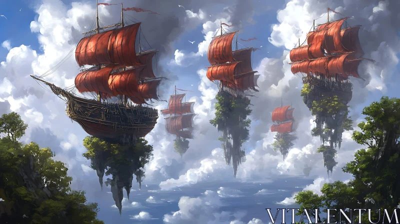 Floating Adventures: Ships among Clouds and Islands AI Image