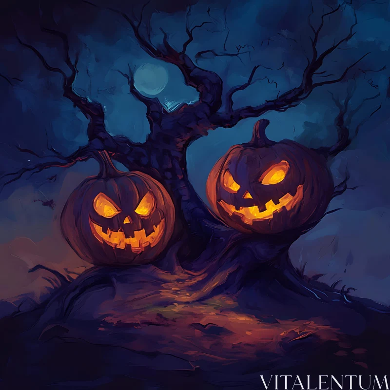 AI ART Spooky Night with Glowing Pumpkins