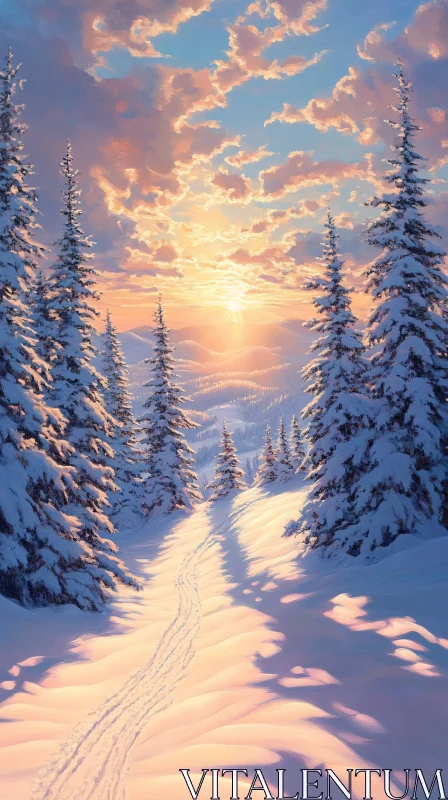 AI ART Golden Hour in a Snowy Forest