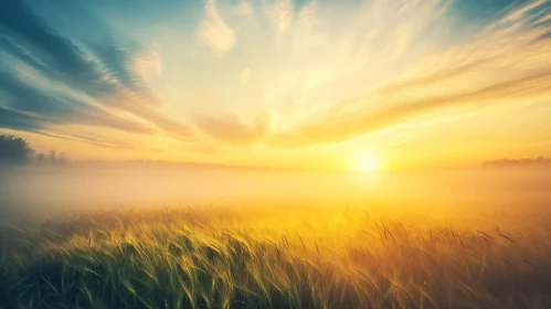 Misty Morning Light Over a Field