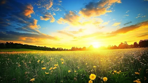 Sunset Across a Blooming Flower Field