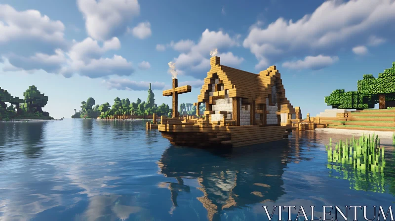 Digitally Crafted Houseboat on Water AI Image