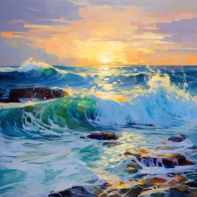 Impressionistic Sunset Over Crashing Waves: A Study in Light and Shadow