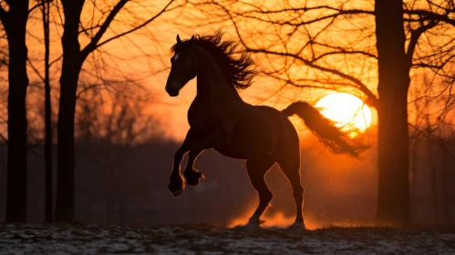 Mythological Inspired Black Horse Running in the Sun - Night Photography