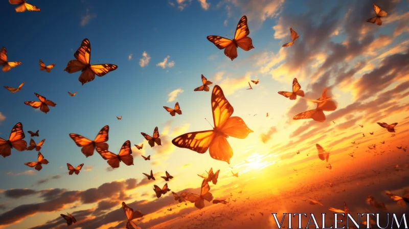 Sunrise Over Ocean with Butterflies in Flight AI Image