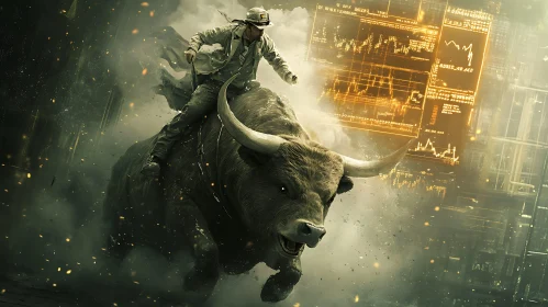 Bull Riding Trader in a Financial Market Scene