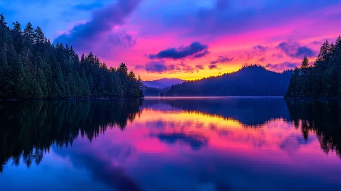 Tranquil Lake Sunset with Vibrant Sky and Forest Reflection