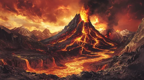 Fiery Volcano Erupting in Rocky Terrain