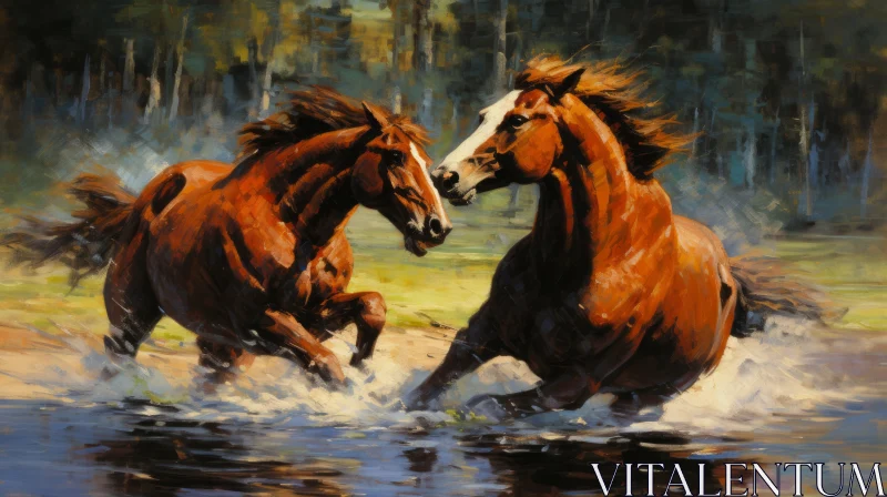 Captivating Oil Painting Style Depiction of Horses in Water AI Image