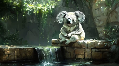 Koala by a Peaceful Waterfall