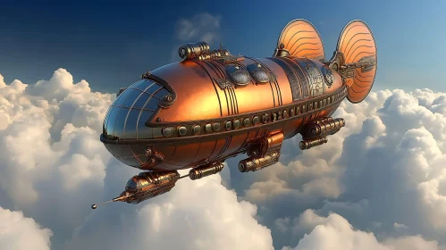 Copper Steampunk Airship Amidst Clouds