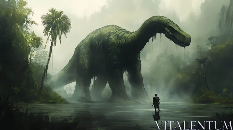 Giant Dinosaur Confronts Lone Explorer AI Image