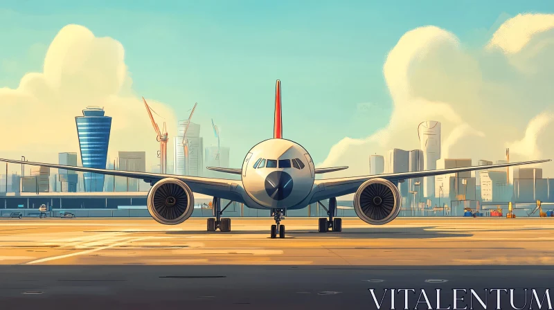 AI ART Commercial Airplane on Runway with Urban Skyline