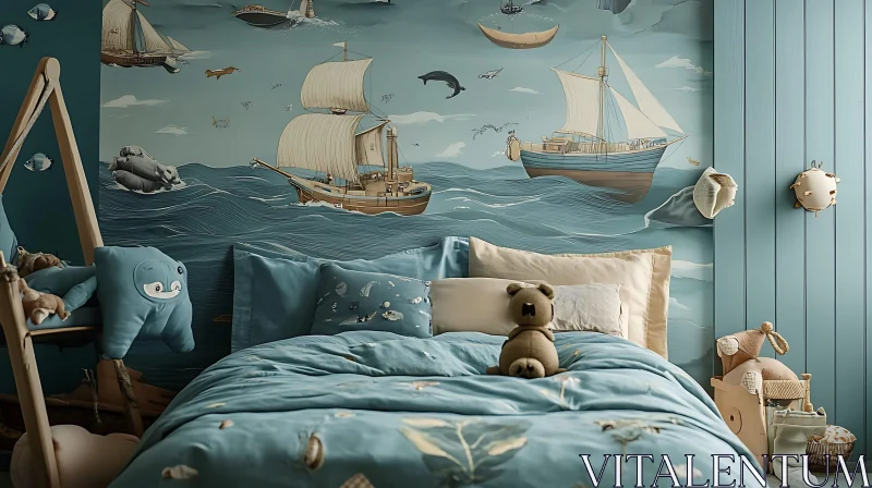 Kids Room with Maritime Wall Mural and Blue Bedding AI Image