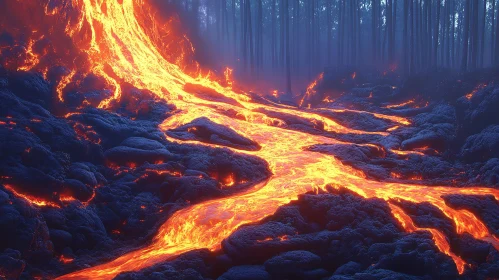 Lava River Amidst a Charred Forest