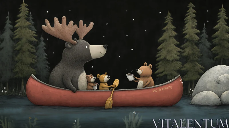 Moose and Bears Canoeing at Night AI Image