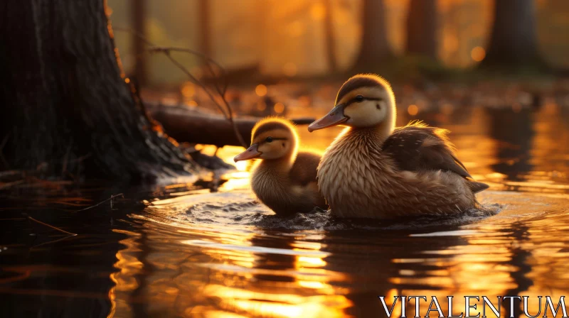 Golden Sunset: Ducks Swimming in Shallow Water AI Image